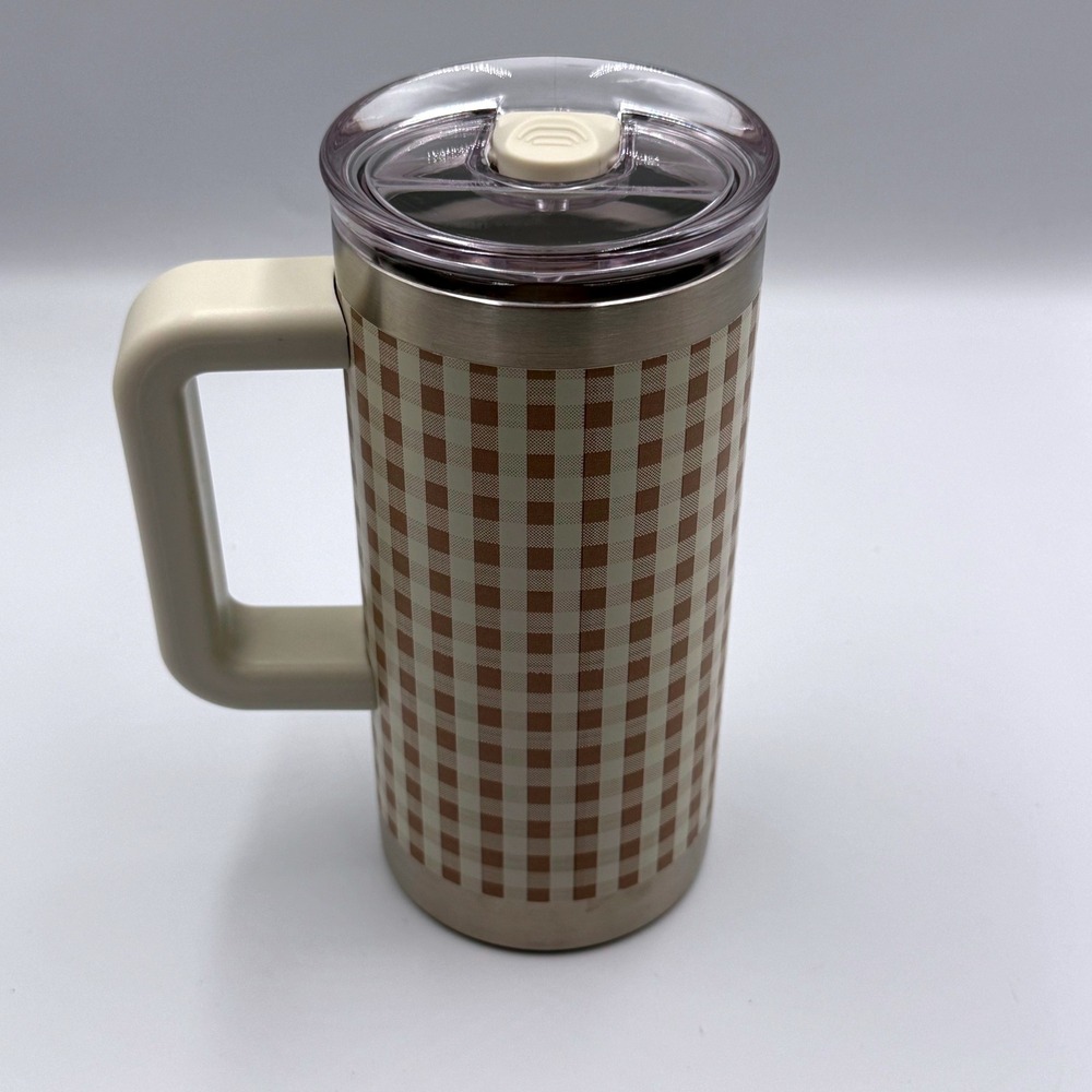 Hearth & Hand Magnolia 21oz Stainless Steel Vacuum Mug Tan Gingham 324-03-9252